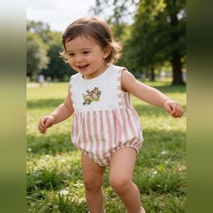 Marie Nicole Tan Striped Bunny Romper Sz 12-18M